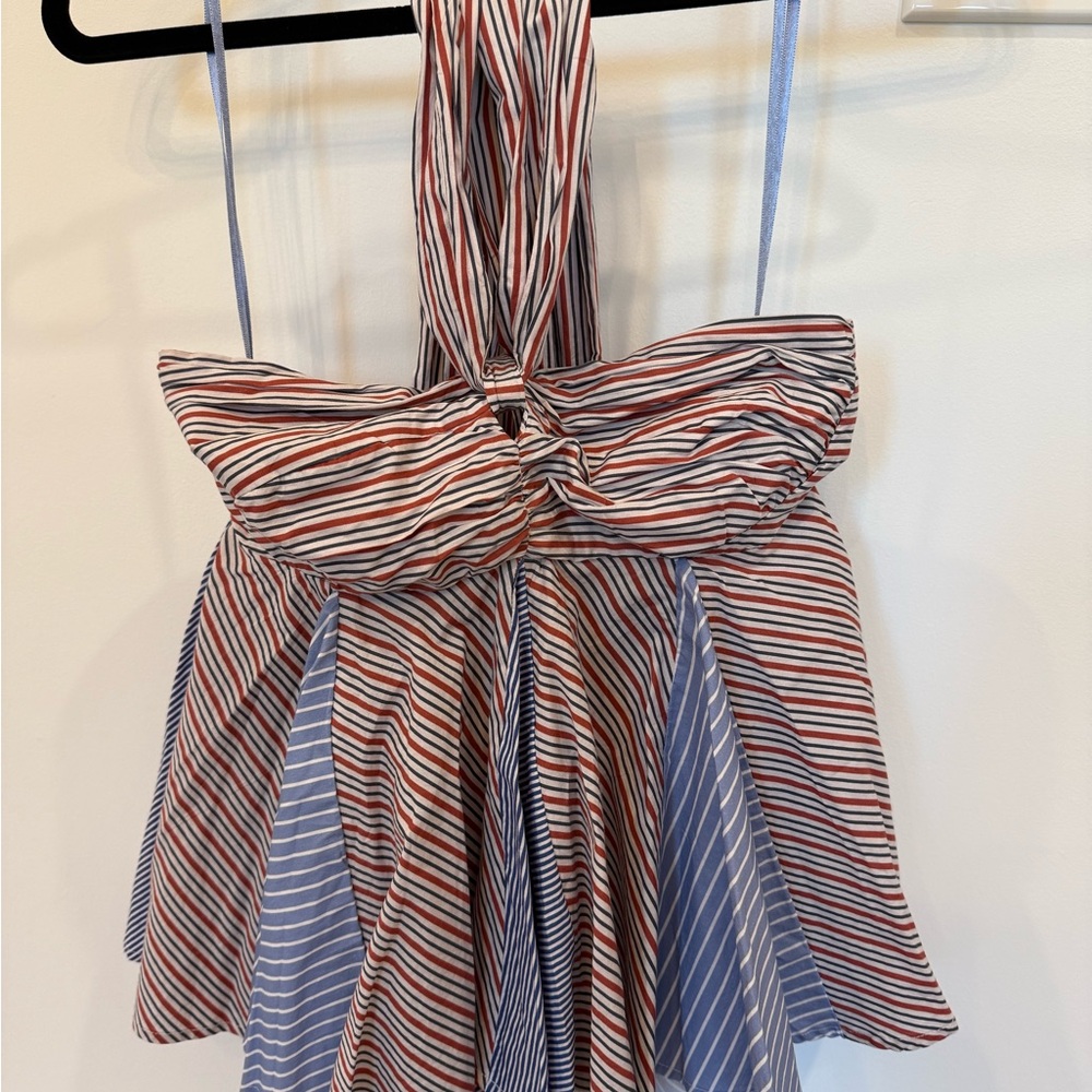 Anthropologie Multicolor Striped Top tie neck peplum red white and blue xs